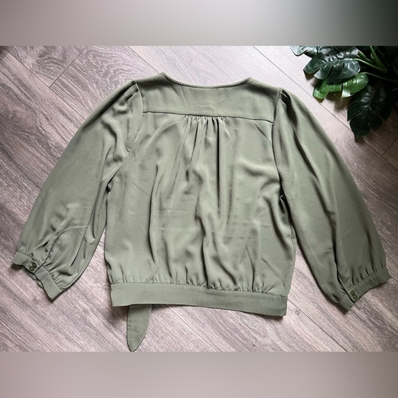 Japna Surplice Cropped Sleeve Side Tie Blouse Olive Green Size Medium - Picture 5 of 7